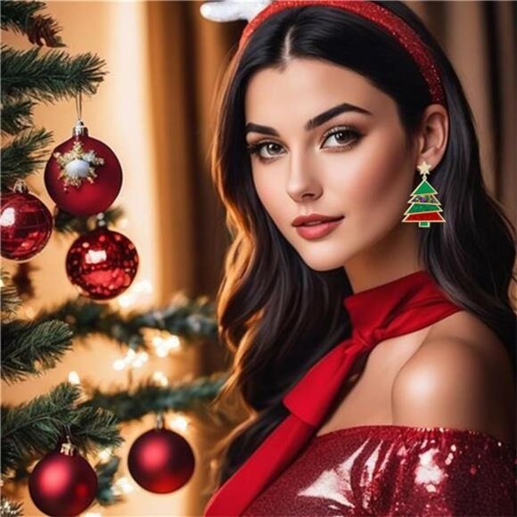 Red & Green Acrylic Christmas Earrings | Festive Holiday Tree Jewelry Gift - Picture 3 of 6